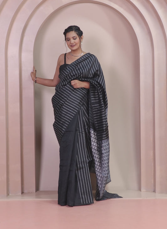 Chanderi Striped Black Saree