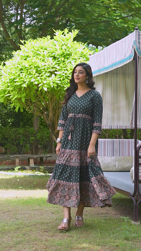 Soft Cotton Block Print A-line Green Dress