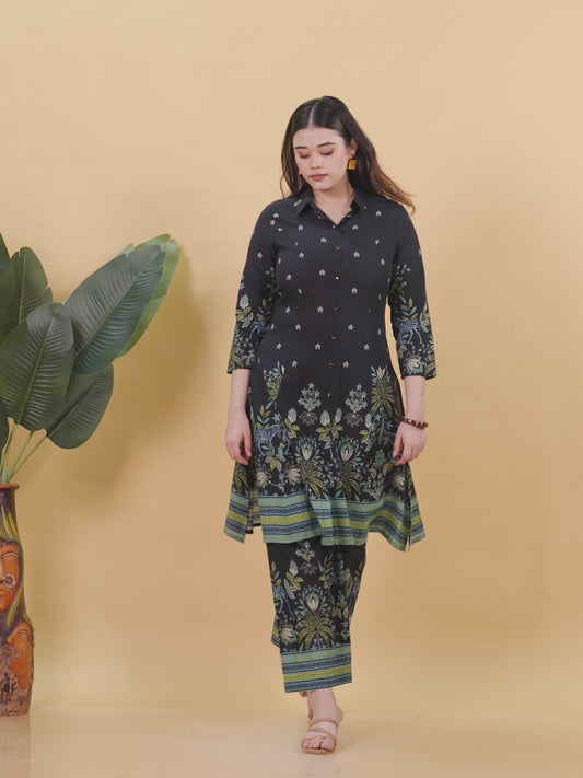 Soft Cotton Placement Print High Low Black Kurta