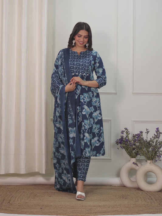 Soft Cotton Floral Panelled Blue Kurta