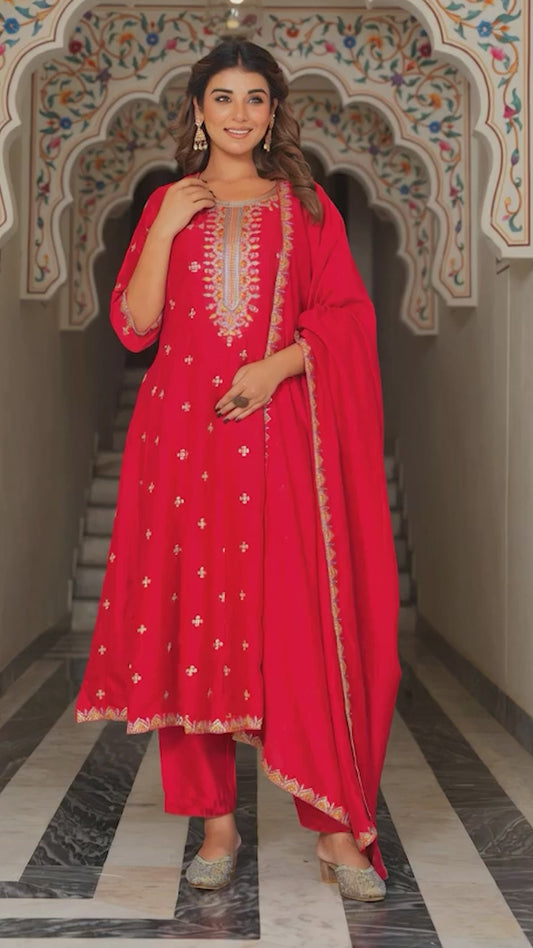 Embroidered Blended Silk Solid Anarkali Red Kurta