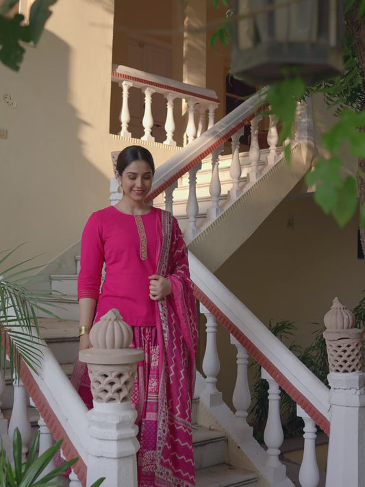Embroidered Soft Cotton Solid Royal Pink Kurti