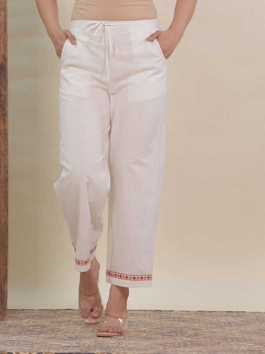 Soft Cotton Solid Off White Straight Straight Trousers