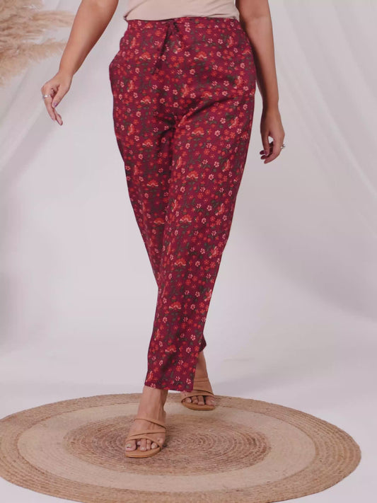 Soft Cotton Floral Red Tapered Trousers