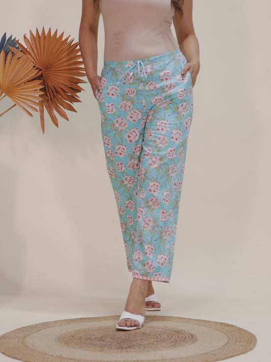 Embroidered Soft Cotton Floral Turquoise Straight Trousers