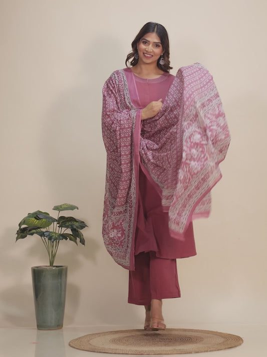 Linen Cotton Solid A-line Pink Kurta