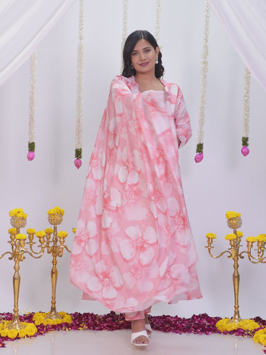 Embroidered Vertigan Floral Flared Peach Kurta
