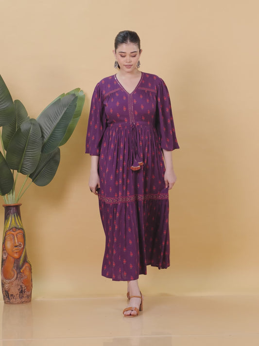 Embroidered Viscose Floral Gathered Purple Dress