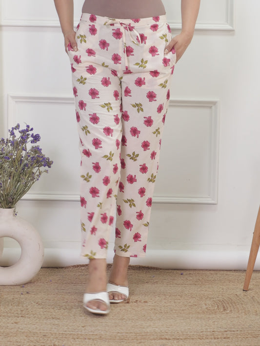 Soft Cotton Floral Cream Tapered Trousers