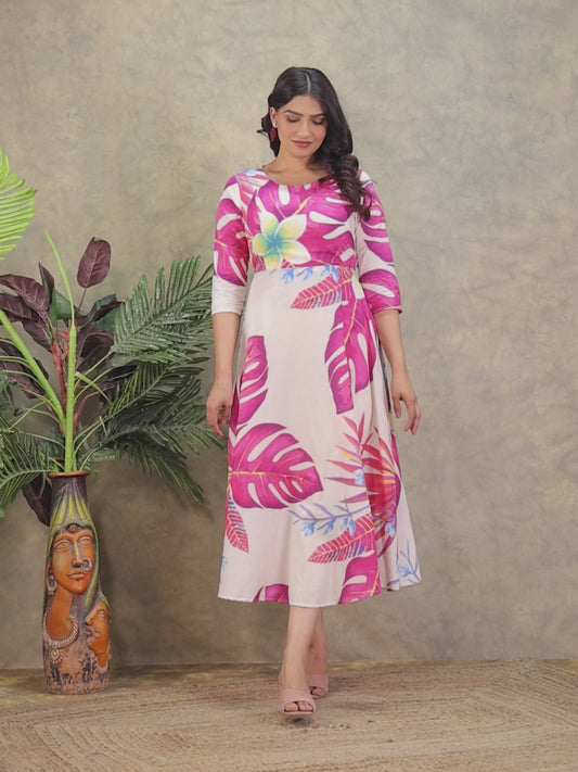 Soft Cotton Foliage Flared Off White Dress