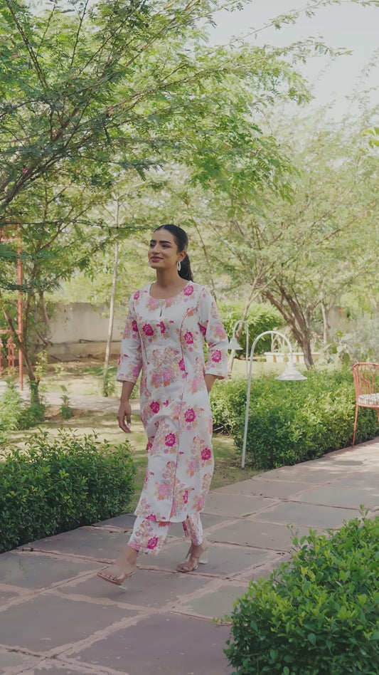 Kantha Cotton Floral Flared White Kurta