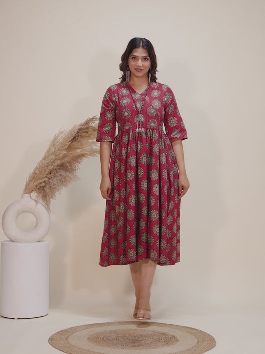 Kantha Cotton Geometric Angrakha Red Dress