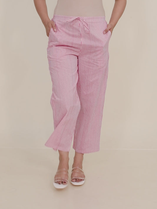 Soft Cotton Striped Pink Straight Trousers