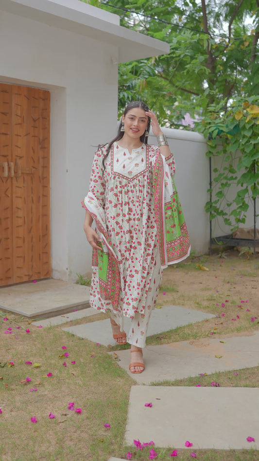 Soft Cotton Floral Flared Off White Kurta