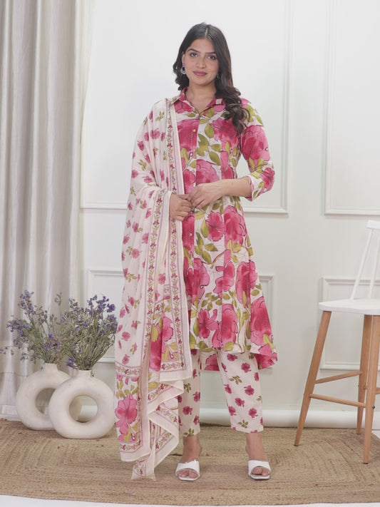 Soft Cotton Floral High Low Cream Kurta