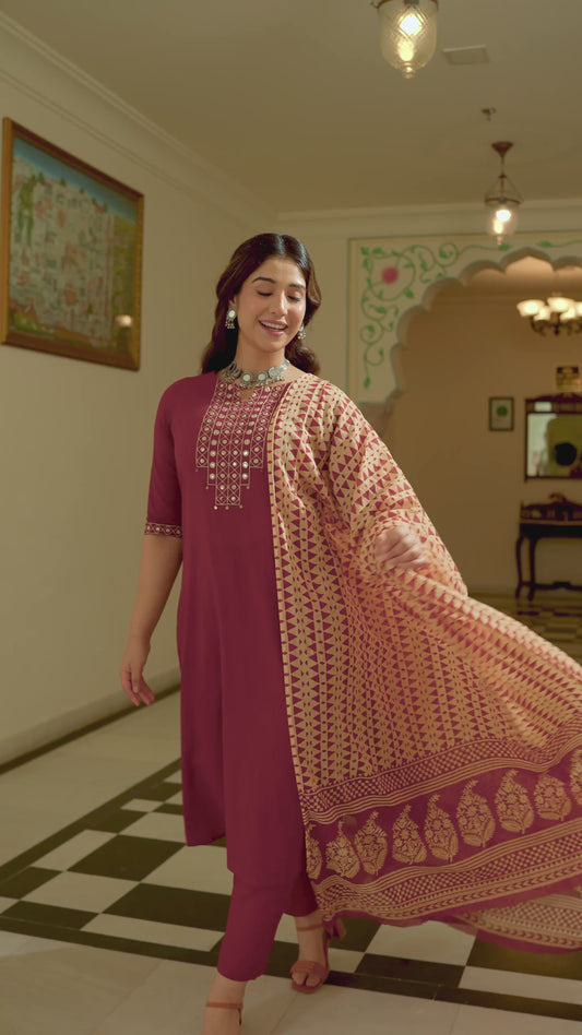 Embroidered Soft Cotton Solid A-line Maroon Kurta