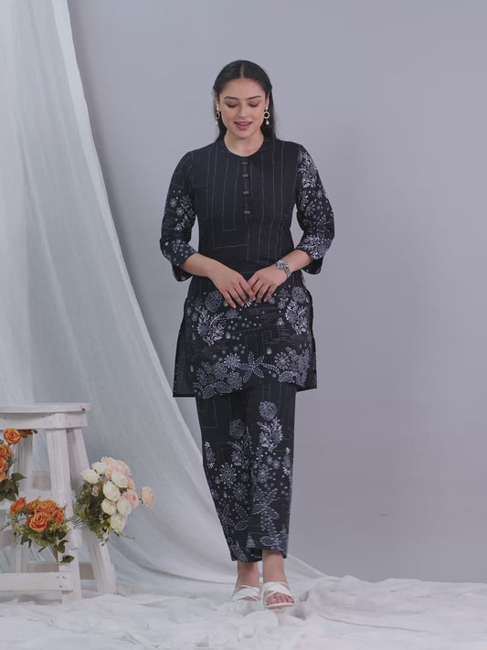 Soft Cotton Placement Print Straight Black Kurta