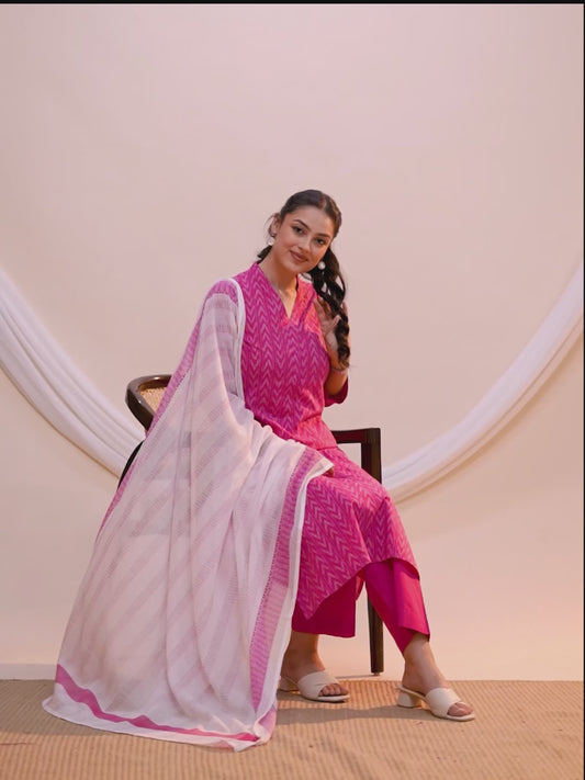 Soft cotton Ikat Straight Pink Kurta