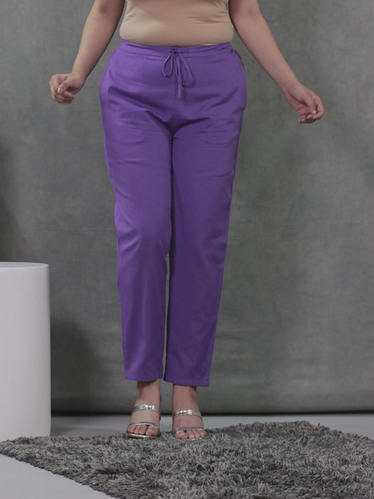 Linen Cotton Solid Purple Straight Trousers