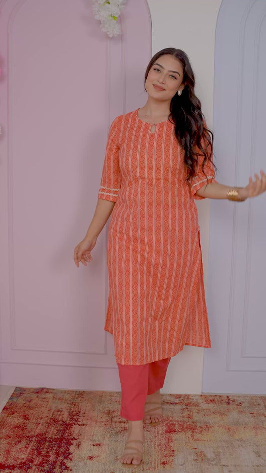 Embroidered Soft Cotton Striped Straight Orange