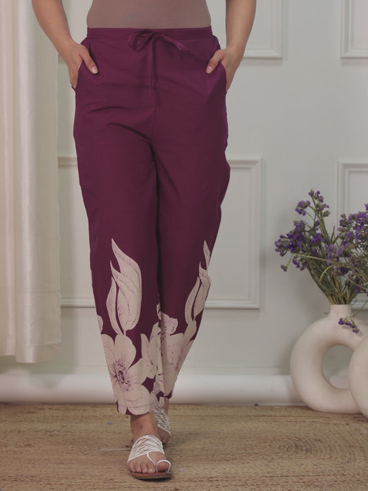 Soft Cotton Placement Print Purple Straight Trousers