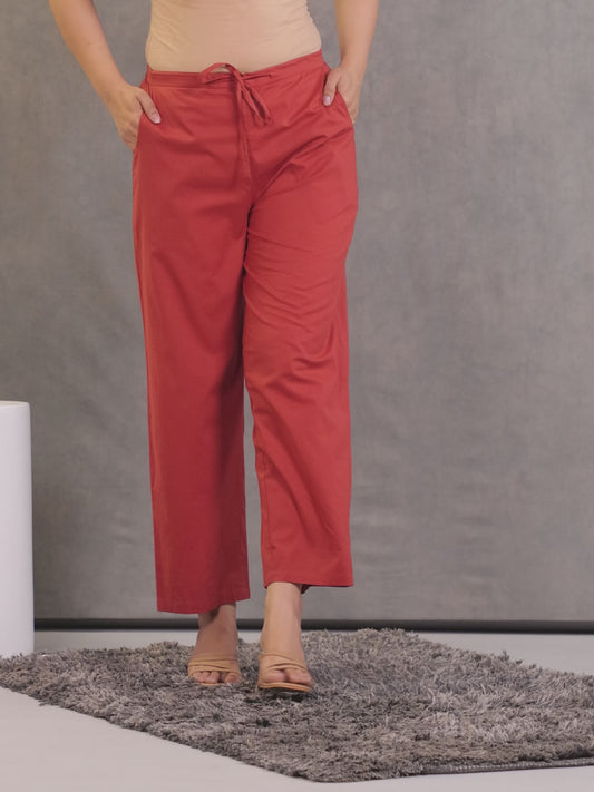 Soft Cotton Solid Rust Straight Trousers