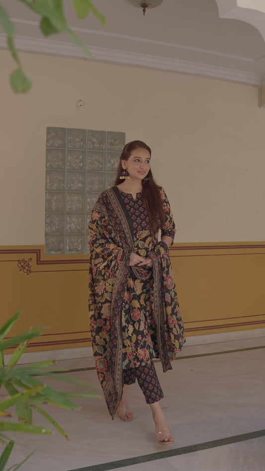 Soft Cotton Floral Flared Black Kurta