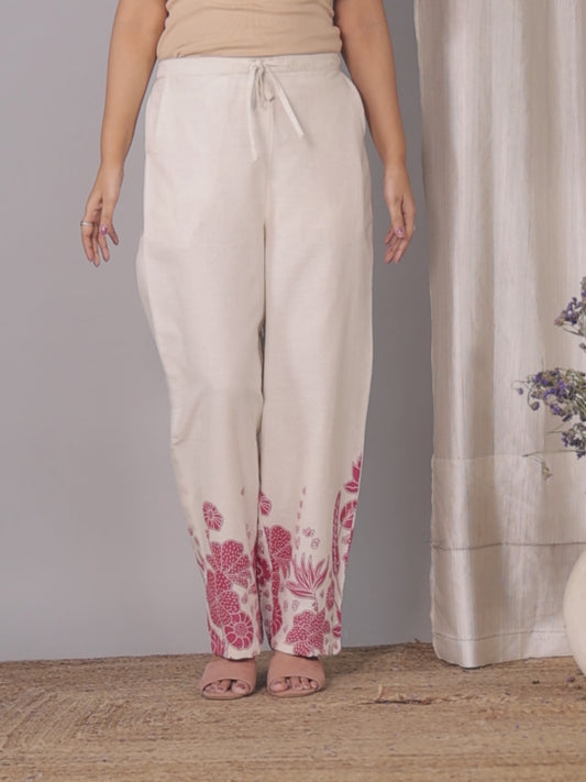 Linen Cotton Placement Print Off White Straight Trousers