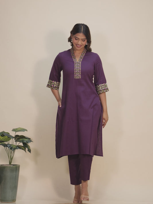 Embroidered Linen Cotton Solid Straight Purple Kurta