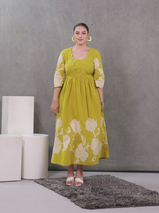 Embroidered Soft Cotton Placement Print Flared Lemon Yellow Dress