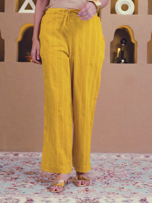 Lurex Cotton Solid Yellow Straight Trousers