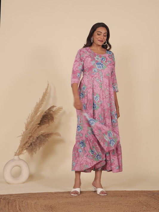 Soft Cotton Floral Anarkali Pink Dress