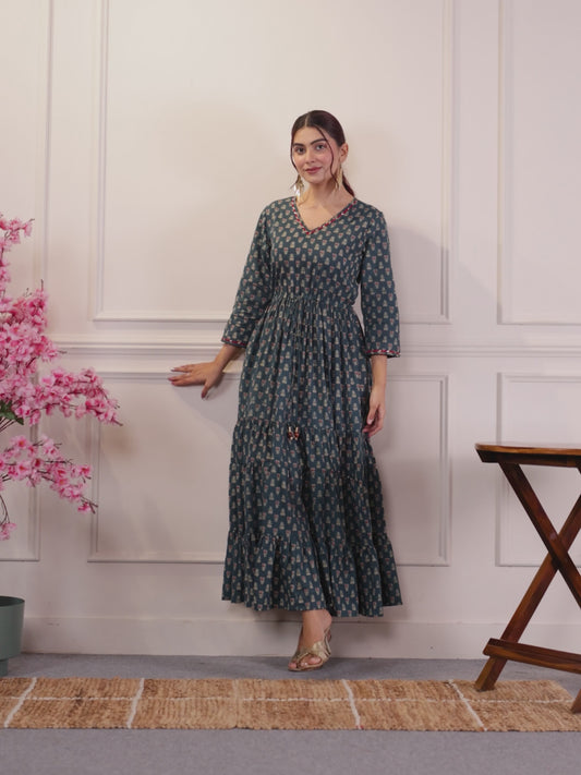 Soft Cotton Floral Anarkali Teal Dress