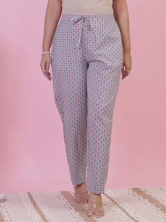 Soft Cotton Butti Turquoise Tapered Trousers