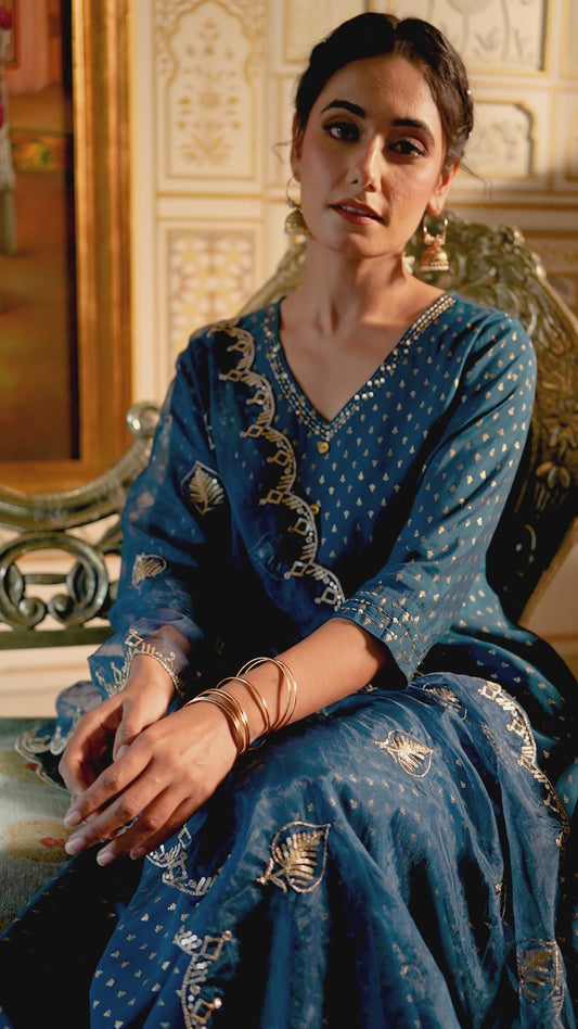 Embroidered Chanderi Gold foil Anarkali Blue Kurta