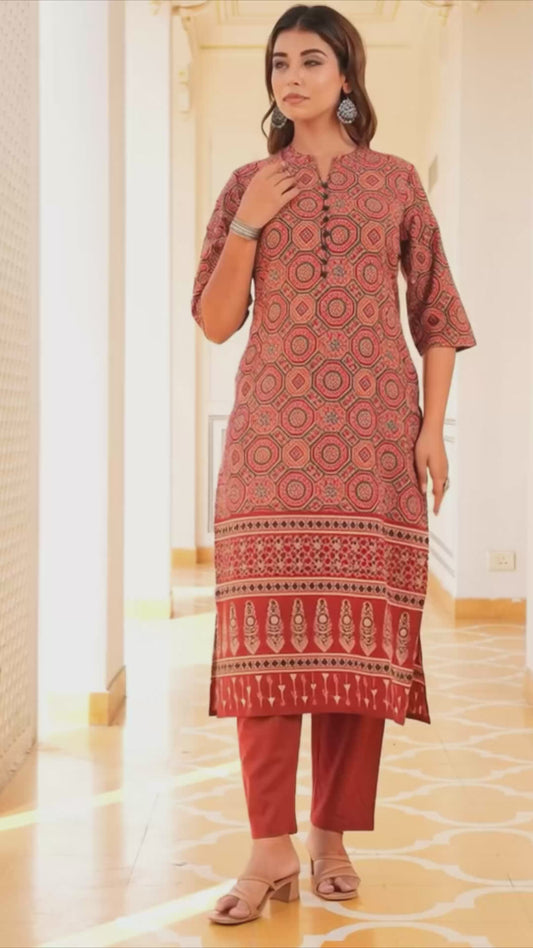 Soft Cotton Geometric Straight Red Kurta