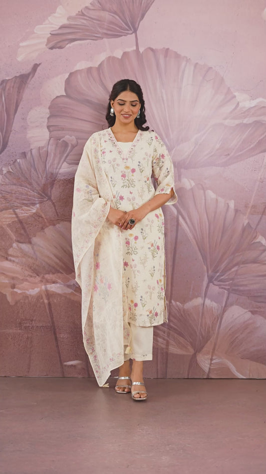 Embroidered Linen Cotton Floral Beige Straight Kurta