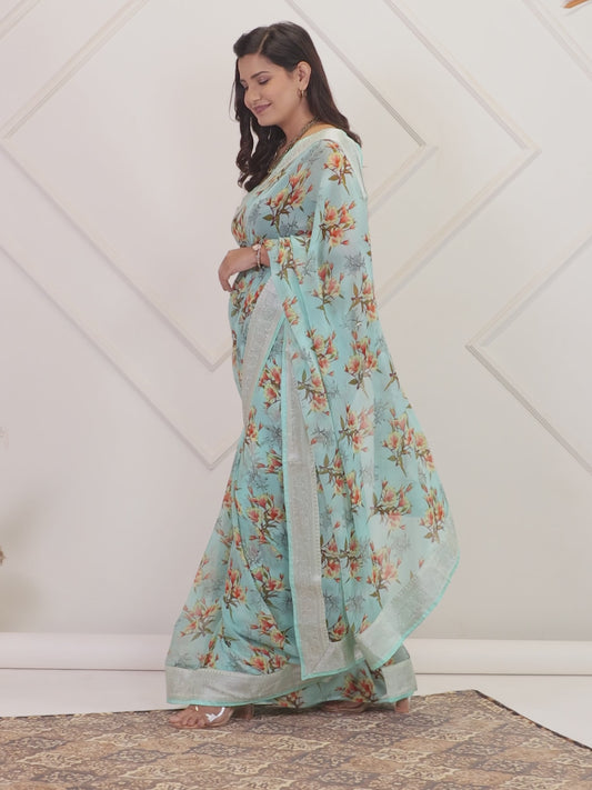 Chiffon Floral Turquoise Blue Saree