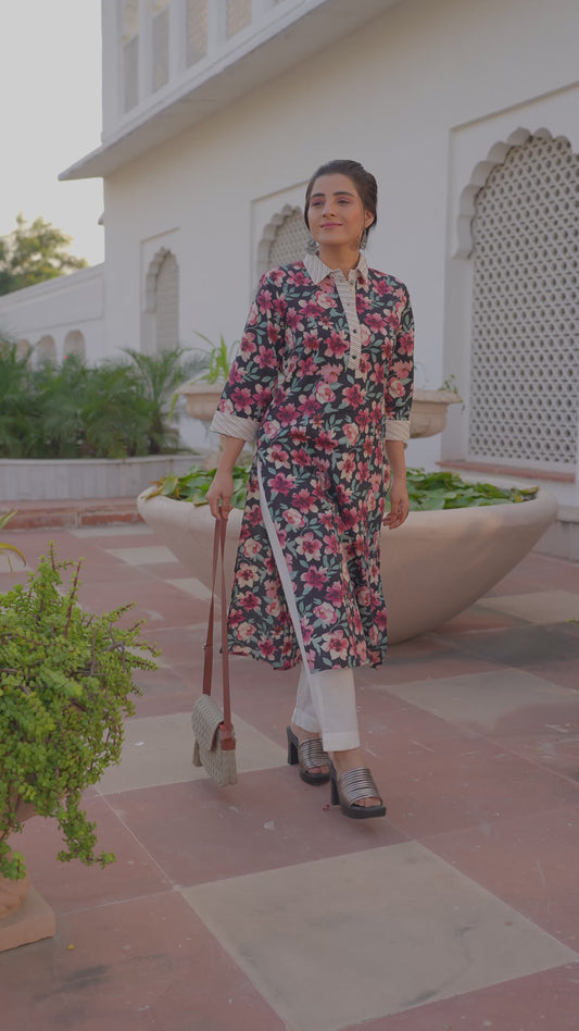 Embroidered Linen Cotton Floral Pathani Black Kurta