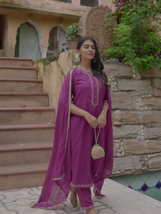 Embroidered Soft Cotton Solid A-line Purple Kurta