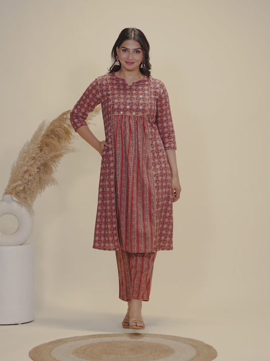 Soft Cotton Geometric Panelled Red Kurta