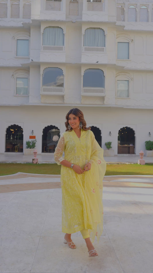 Embroidered Organza Solid Anarkali Yellow Kurta