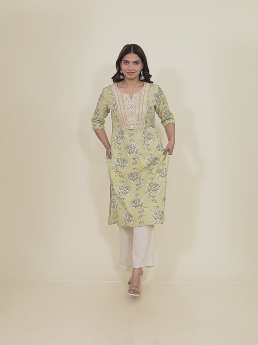 Linen Cotton Floral Kurta