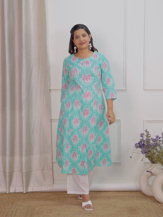 Soft Cotton Ikat A-line Green Kurta