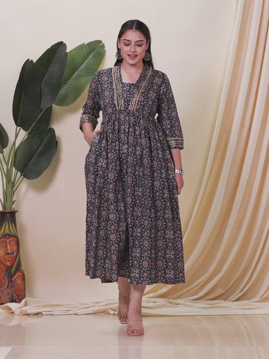 Embroidered Kantha Cotton Geometric Anarkali Black Dress