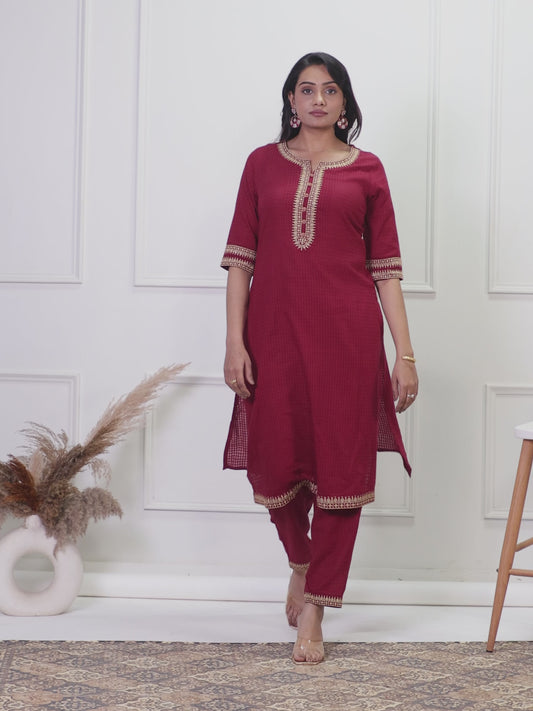 Cotton Dobby Solid A-line Maroon Kurta