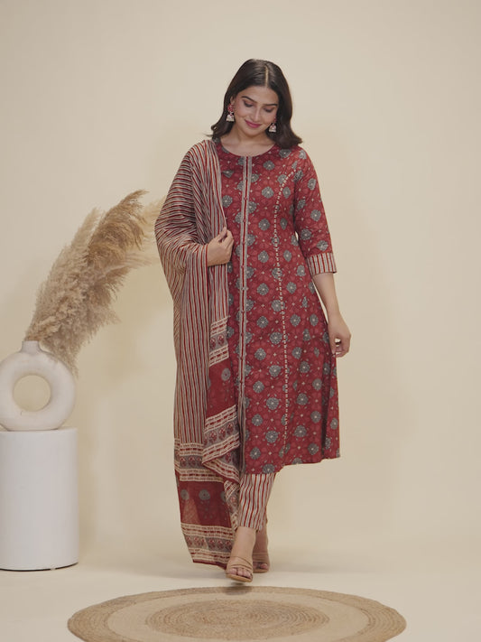 Soft Cotton Floral Flared Maroon Kurta