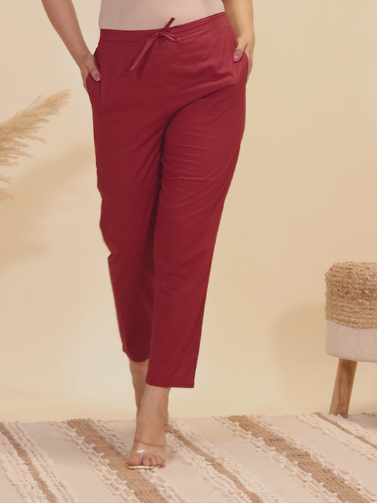 Embroidered Soft Cotton Solid Maroon Tapered Trousers