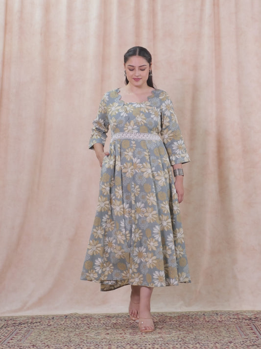 Linen Cotton Floral Flared Off White Dress