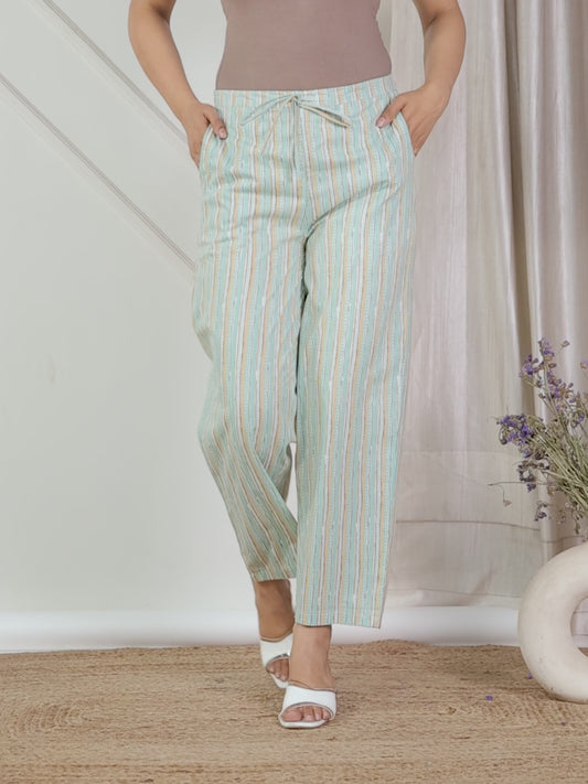 Soft Cotton Striped Teal Straight Trousers